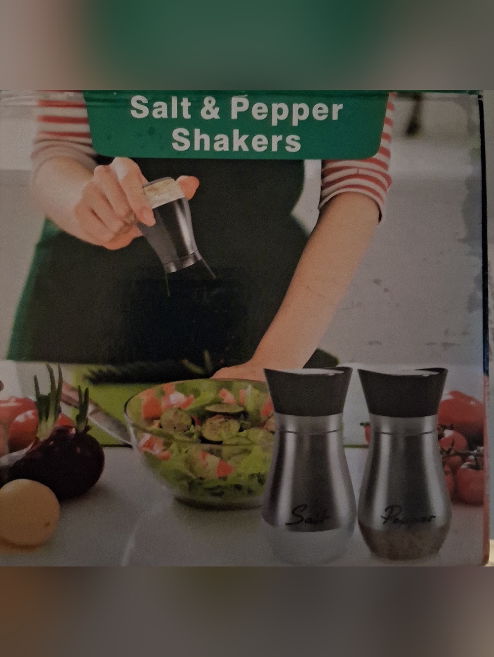 Stainless Steel Salt & Pepper Shaker Set with Black Tops